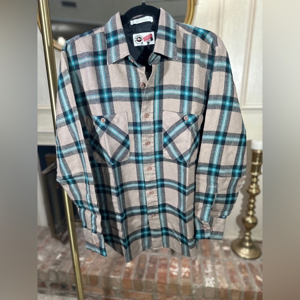 Retro Sporty Arrow Sport‎ Plaid Flannel Shirt M Soft retro sporty workwear